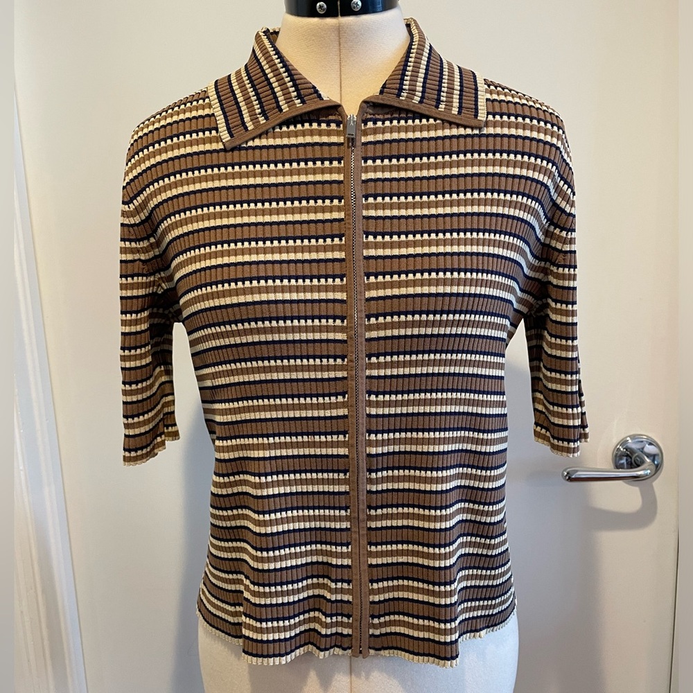Theory Cropped Zip-Up Stripe Cardigan Size L